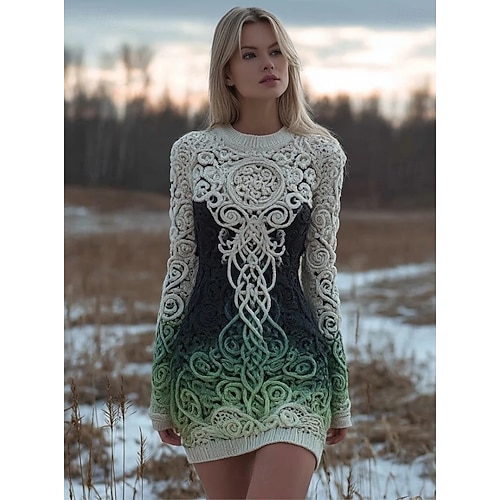 Damskie Sukienka mini Sukienka sweterkowa Urlop Codzienny Boho Codzienny Święto Wyjściowe Szczupła Graficzny Długi rękaw Półgolf Czarny Fioletowy Pomarańczowy Zielony Jesień Zima