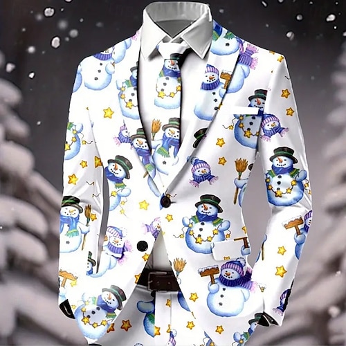  Муж. Блейзер Пальто Рождество Повседневные фестиваль На каждый день Наступила зима 100% полиэстер В снежинку 3D печать Пуговицы Сохраняет тепло Удобный Однобортный крой Блейзер