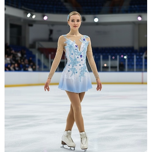 Figure Skating Dress Women's Girls' Ice Skating Dress Sky Blue White  Patchwork Open Back Mesh High Elasticity Training Competition Skating Wear  Classic Crystal / Rhinestone Long Sleeve Ice Skating 2026 - $299.89