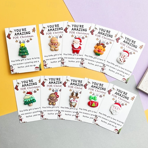  10-Pack Mini Christmas Hug Cards with Resin Charms - Festive Encouragement Cards with Santa, Stocking, Gingerbread, Snowman, Reindeer - Party Style Emotional Support Gifts for Friends and Family
