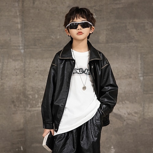 Kid's Boys' Black Leather Jacket Jacket Outerwear Plain Long