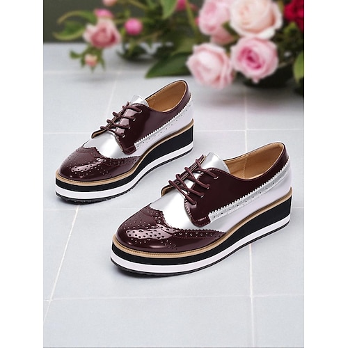 Women's Burgundy and White Patent Faux Leather Oxford Platform Shoes with  Brogue Detailing - 1950s Vintage Chunky Lace-Up Dress Shoes for Ladies,  Perfect for Parties, Work & Casual Fashion 2026 - $54.99