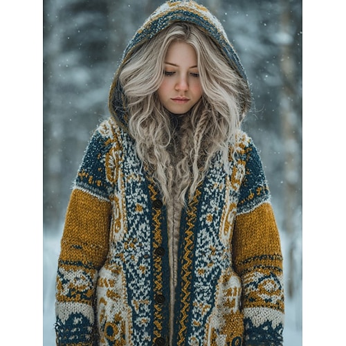  viking boho damkofta vintage vardag etnisk stil geometrisk färg tonad ribbad huva fickor knappar tryck långärmad långa toppar stickad utomhus helg gul blå höst vinter