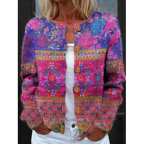 Damen Cardigan Pullover Gestrickt Rippung Knopf Vorne Rundhals Langarm Leicht Alltag Floral Grafik Geometrisch Knöpfe Druck Reguläre Oberteile Strick Outdoor Wochenende Lila Grün Frühling Herbst