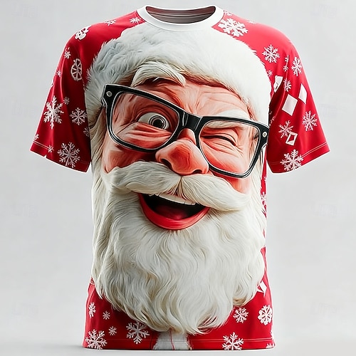  Новогодняя тематика Муж. Дед Мороз 3D в мультяшном стиле Футболка С короткими рукавами Футболка 3D печать Вырез под горло Рубашка Повседневные Оригинальный рисунок Художественный