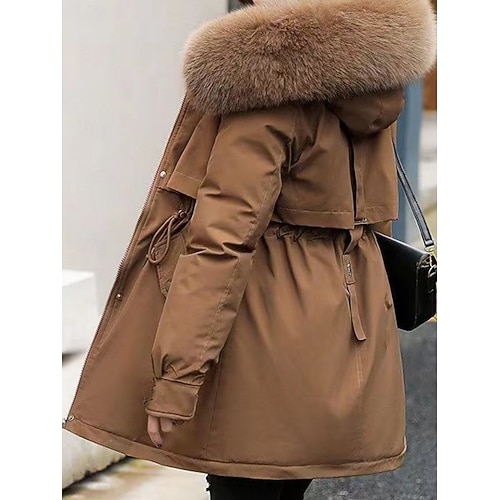  Women's Parka Comfortable Breathable Zipper Pocket Fur Collar Casual Plain Vacation Street Casual Daily Wear Single Breasted Regular Hooded Regular Fit Long Sleeve Outerwear Black Blue Green Spring
