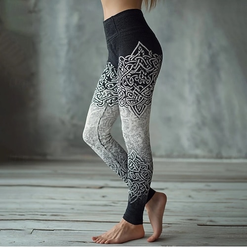  Kvinnors Viking Boho Leggings Vintage Etnisk Stil Hel Längd Hög Midja Grafisk Abstrakt 3D Utskrift Snabbtorkande Andningsförmåga Mjuk Stretchig Formell Utomhus Semester Ljusbrun Svart Rosa  Svart Vår