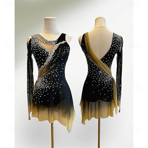 Figure Skating Dress Women's Girls' Ice Skating Dress Black Yellow  Patchwork Asymmetric Hem Spandex Mesh High Elasticity Training Competition  Skating Wear Classic Crystal / Rhinestone Long Sleeve Ice 2026 - AU $488.99