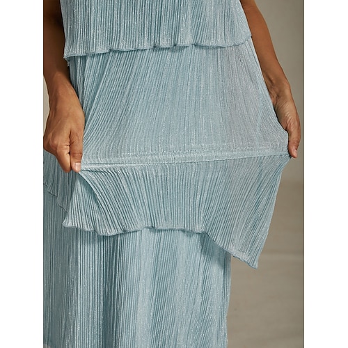  Dame Midikjole Skiftkjole Plissert kjole Grime kjole Elegant Fest Formelt Fest Bryllupsgjest Cocktailfest Normal Helfarge Ermeløs Crew-hals Himmelblå Sommer Vår Høst Vinter