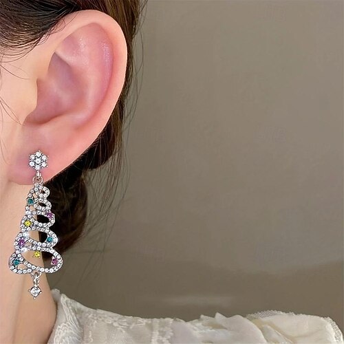  1 par de pendientes de árbol de Navidad con diamantes de imitación y cinta de aleación con piedras preciosas multicolores bañadas en UV, pendientes festivos de moda para mujer, perfectos para uso