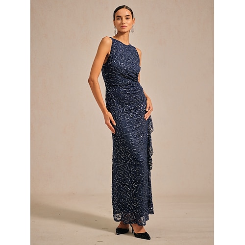  Femmes Robe maxi Robe fourreau Élégant robe demoiselle d honneur Soirée Coupe régulière Couleur Unie Sans manches Col ras du cou bleu marine Printemps Automne