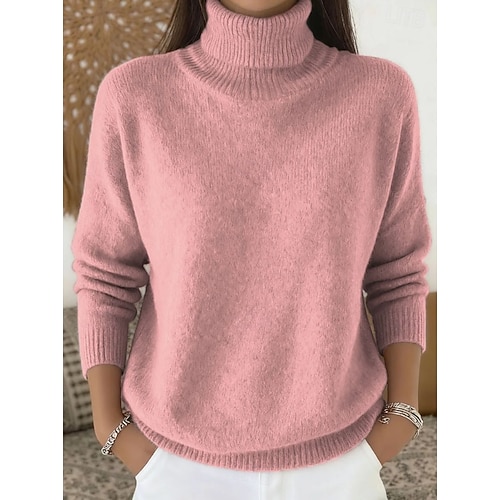  Dam Tröja Elegant Mode Dagligen Polokrage Stickat Långärmad Vanliga toppar Sticka Dagligen Rodnande Rosa Rubinrött Vår Höst