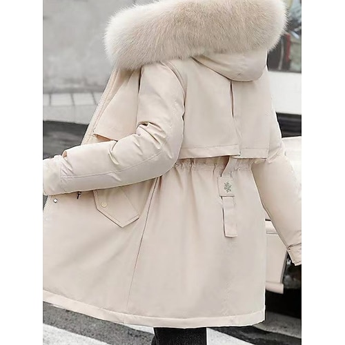  Women's Parka Comfortable Breathable Zipper Pocket Fur Collar Casual Plain Vacation Street Casual Daily Wear Single Breasted Regular Hooded Regular Fit Long Sleeve Outerwear Black Blue Green Spring