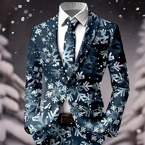  Муж. Блейзер Пальто Рождество Повседневные фестиваль На каждый день Наступила зима 100% полиэстер В снежинку 3D печать Пуговицы Сохраняет тепло Удобный Однобортный крой Блейзер