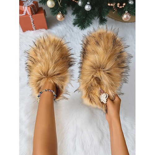  женские красные пушистые тапочки, плюшевые меховые домашние тапочки без застежек, удобная обувь для отдыха дома, Рождества и отдыха