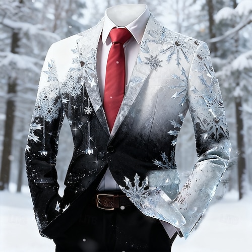  Новогодняя тематика Муж. В снежинку Пиджак Удобный Художественный На каждый день Вечерние наряды Повседневные фестиваль 3D печать Пуговицы Весна Осень Зима Острый Длинный рукав Черный Красный Синий