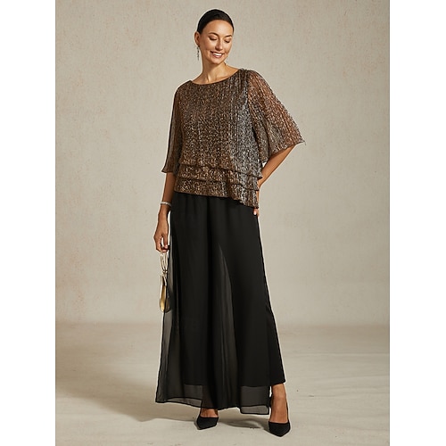  Women's Blouse Dressy Tops Flowy Tops Chiffon Tops Elegant Vintage Stylish 3/4 Length Sleeve Crew Neck Boat Neck Work Daily Date Night Outfits Sequins Pleated Patchwork Brown Spring Fall