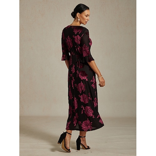 Sukienka midi z weluru dla kobiet sukienka w kształcie litery A elegancka na urodziny na koktajlową imprezę dla gościa weselnego welurowa codzienna regularny krój kwiatowa pół rękaw dekolt w  Sukienka midi z weluru dla kobiet sukienka w kształcie litery A elegancka na urodziny na koktajlową imprezę dla gościa weselnego welurowa codzienna regularny krój kwiatowa pół rękaw dekolt w