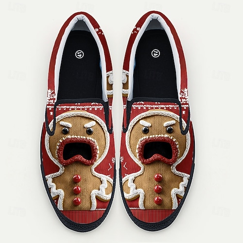  Ανδρικά χριστουγεννιάτικα slip-on παπούτσια με μελόψωμο για άνδρες – εορταστικό τρισδιάστατο σχέδιο μελόψωμου, διασκεδαστικά και άνετα, ιδανικά για εορταστικά πάρτι και χριστουγεννιάτικες εκδηλώσεις