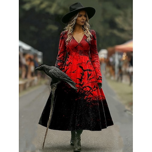  Sukienka midi z nadrukiem czarownicy damska w kształcie litery A wakacyjna codzienna regularny fason kwiatowy graficzny Hocus Pocus długi rękaw w szpic czarny czerwony brązowy wiosna jesień