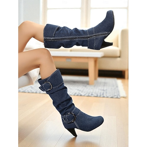  Botas femininas jeans de cano alto com fivela e salto cone, botas retrô casuais estilo western para uso diário &roupas de rua