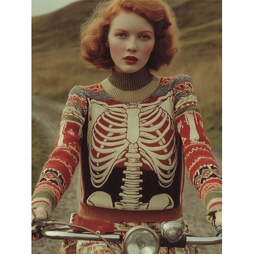  Damski sweter szkielet moda casual graficzny szkielet okrągły dekolt patchwork dzianinowy długi rękaw standardowe bluzki dzianina czarny różowy jesień zima