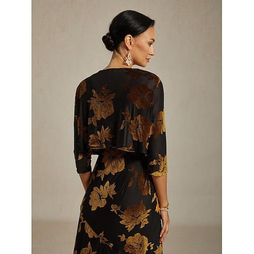  Женские бархатные накидки цветочные элегантные винтажные рукав 3/4 V-образный вырез для гостя на свадьбе вечерняя одежда вечерняя вечеринка коричневый осень зима