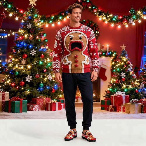  Ανδρικά χριστουγεννιάτικα slip-on παπούτσια με μελόψωμο για άνδρες – εορταστικό τρισδιάστατο σχέδιο μελόψωμου, διασκεδαστικά και άνετα, ιδανικά για εορταστικά πάρτι και χριστουγεννιάτικες εκδηλώσεις