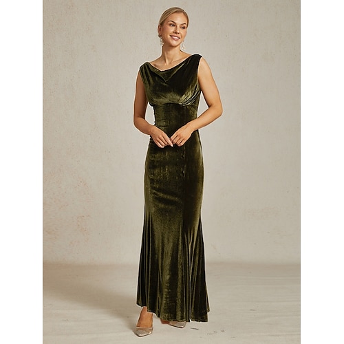  Dámské sametové maxi šaty pouzdrové šaty elegantní večerní párty pravidelný střih jednobarevné bez rukávů cowl neck olivová léto podzim zima