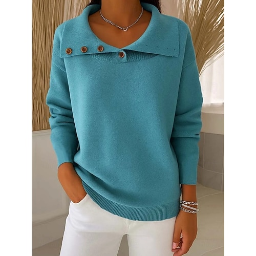  Dam Tröja Elegant Mode Tröjkrage Knappar Långärmad Vanliga toppar Sticka Dagligen Blå Beige Vår Höst