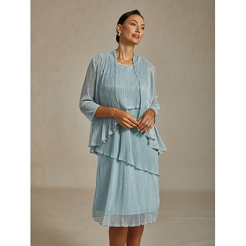  Dame Midikjole Skiftkjole Plissert kjole Grime kjole Elegant Fest Formelt Fest Bryllupsgjest Cocktailfest Normal Helfarge Ermeløs Crew-hals Himmelblå Sommer Vår Høst Vinter