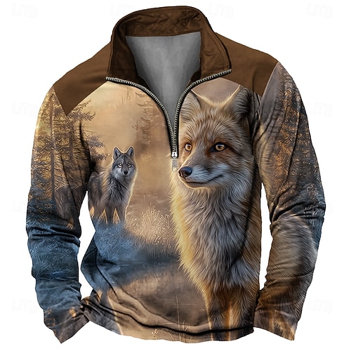  Męskie Wilk Druk 3D Bluzy Sport Moda Codzienny Polowanie Suwak Na zewnątrz Impreza Streetwear Brązowy Brązowy 2 Jesień Na każdy sezon Projektant S M L XL XXL XXXL