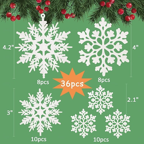  36 flocons de neige pour décorations de sapin de Noël, ornements en plastique blanc pailleté, décorations hivernales d'intérieur pour un décor féérique.