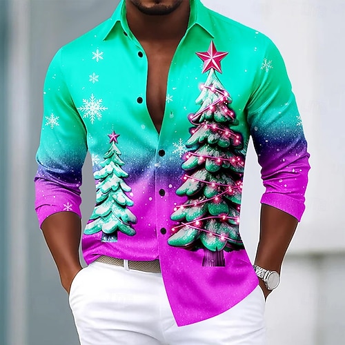  Jul Herr Julgran Snöflinga Gradientfärg Skjorta Satinskjorta Långärmad Mode Casual Utomhus Fest Helgdag Vår Höst Nedvikt 3D-utskrift Skjortor med knappar Blå Grön Ljusblå Rosenröd