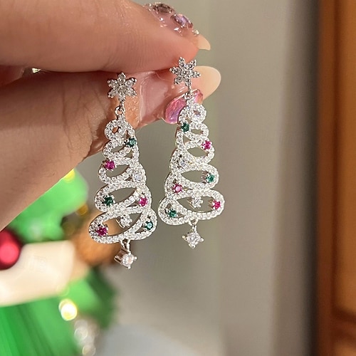  1 par de pendientes de árbol de Navidad con diamantes de imitación y cinta de aleación con piedras preciosas multicolores bañadas en UV, pendientes festivos de moda para mujer, perfectos para uso