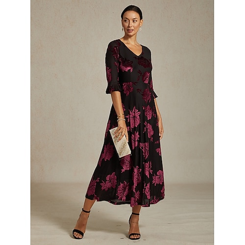 Sukienka midi z weluru dla kobiet sukienka w kształcie litery A elegancka na urodziny na koktajlową imprezę dla gościa weselnego welurowa codzienna regularny krój kwiatowa pół rękaw dekolt w  Sukienka midi z weluru dla kobiet sukienka w kształcie litery A elegancka na urodziny na koktajlową imprezę dla gościa weselnego welurowa codzienna regularny krój kwiatowa pół rękaw dekolt w