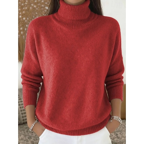  Dam Tröja Elegant Mode Dagligen Polokrage Stickat Långärmad Vanliga toppar Sticka Dagligen Rodnande Rosa Rubinrött Vår Höst