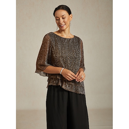  Women's Blouse Dressy Tops Flowy Tops Chiffon Tops Elegant Vintage Stylish 3/4 Length Sleeve Crew Neck Boat Neck Work Daily Date Night Outfits Sequins Pleated Patchwork Brown Spring Fall