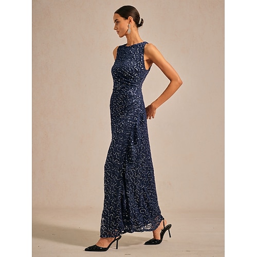  Femmes Robe maxi Robe fourreau Élégant robe demoiselle d honneur Soirée Coupe régulière Couleur Unie Sans manches Col ras du cou bleu marine Printemps Automne