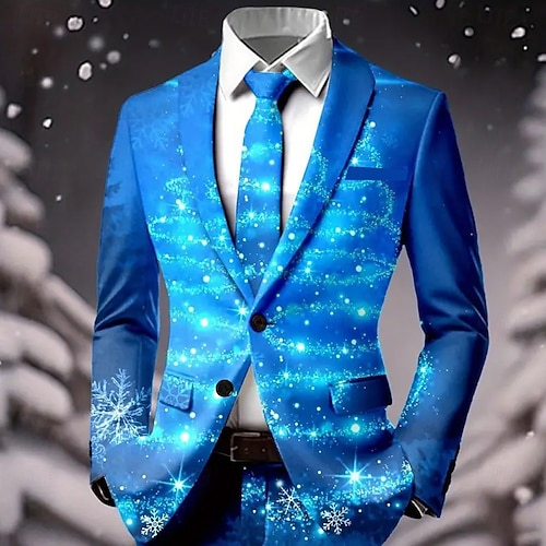  Муж. Блейзер Пальто Рождество Повседневные фестиваль На каждый день Наступила зима 100% полиэстер В снежинку 3D печать Пуговицы Сохраняет тепло Удобный Однобортный крой Блейзер
