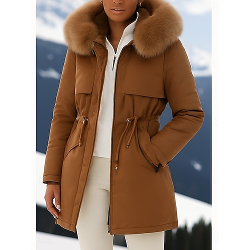  Women's Parka Comfortable Breathable Zipper Pocket Fur Collar Casual Plain Vacation Street Casual Daily Wear Single Breasted Regular Hooded Regular Fit Long Sleeve Outerwear Black Blue Green Spring