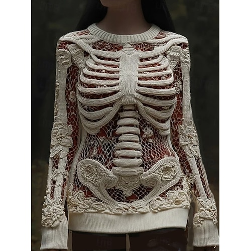  Damski sweter szkielet moda casual graficzny szkielet okrągły dekolt patchwork dzianinowy długi rękaw standardowe bluzki dzianina czarny różowy jesień zima