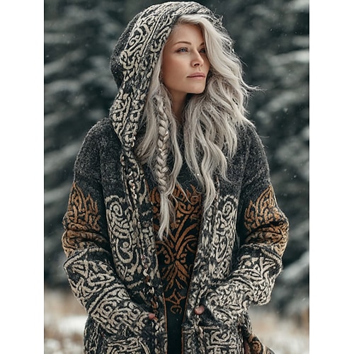  viking boho damkofta vintage vardag etnisk stil geometrisk färg tonad ribbad huva fickor knappar tryck långärmad långa toppar stickad utomhus helg gul blå höst vinter