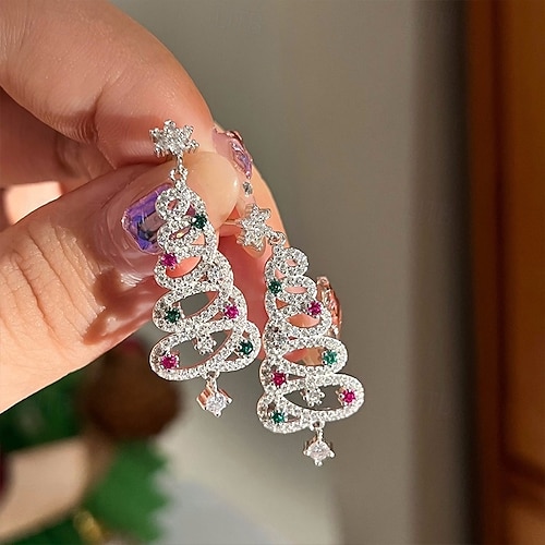  1 par de pendientes de árbol de Navidad con diamantes de imitación y cinta de aleación con piedras preciosas multicolores bañadas en UV, pendientes festivos de moda para mujer, perfectos para uso