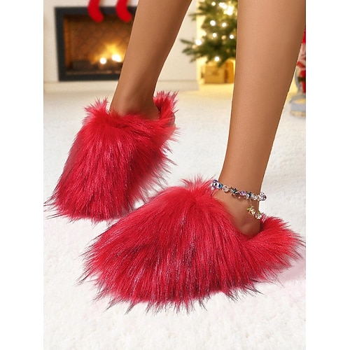  женские красные пушистые тапочки, плюшевые меховые домашние тапочки без застежек, удобная обувь для отдыха дома, Рождества и отдыха