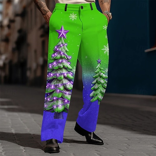  Jul Herr Julgran Julbelysning Långbyxor Kostymbyxor Medium Midja Mode Casual Utomhus Helgdag Avslappnade klänningsbyxor med platta framtill och sidofickor Höst Vinter 3D-tryck Svart Blå Grön