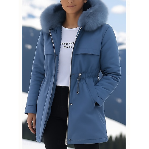  Women's Parka Comfortable Breathable Zipper Pocket Fur Collar Casual Plain Vacation Street Casual Daily Wear Single Breasted Regular Hooded Regular Fit Long Sleeve Outerwear Black Blue Green Spring