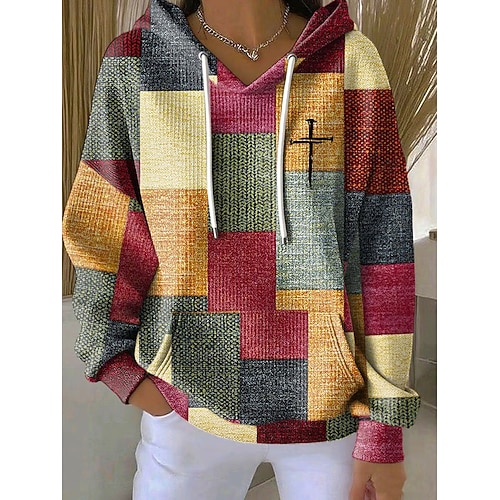 Mujer Sudadera con capucha Pullover Estampado Bolsillo delantero Graphic Geométrico Cálido Vintage Casual Manga Larga Con Capucha Tops regulares Casual Calle Uso Diario Rosa Morado Naranja Verde