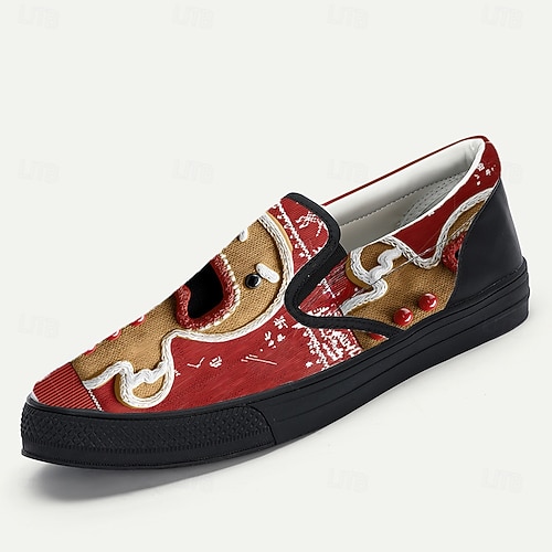  Ανδρικά χριστουγεννιάτικα slip-on παπούτσια με μελόψωμο για άνδρες – εορταστικό τρισδιάστατο σχέδιο μελόψωμου, διασκεδαστικά και άνετα, ιδανικά για εορταστικά πάρτι και χριστουγεννιάτικες εκδηλώσεις