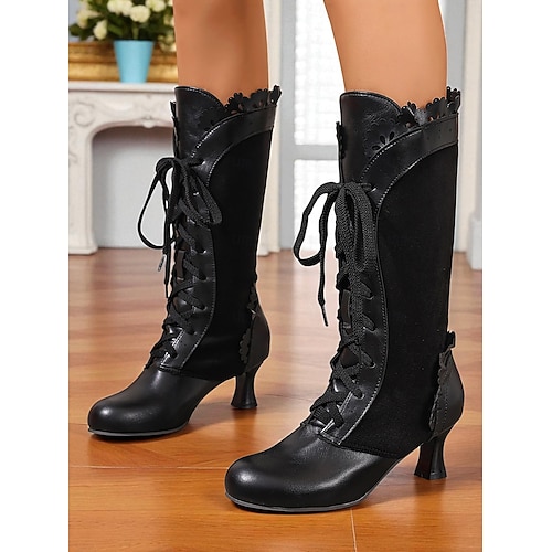  Γυναικείες μαύρες μπότες βικτωριανού εδουαρδιανού στιλ με κορδόνια μέχρι το γόνατο, με κυματιστό τελείωμα και τακούνι kitten - ρετρό γοτθικές μπότες της δεκαετίας του 1920 για γυναίκες, ιδανικές για